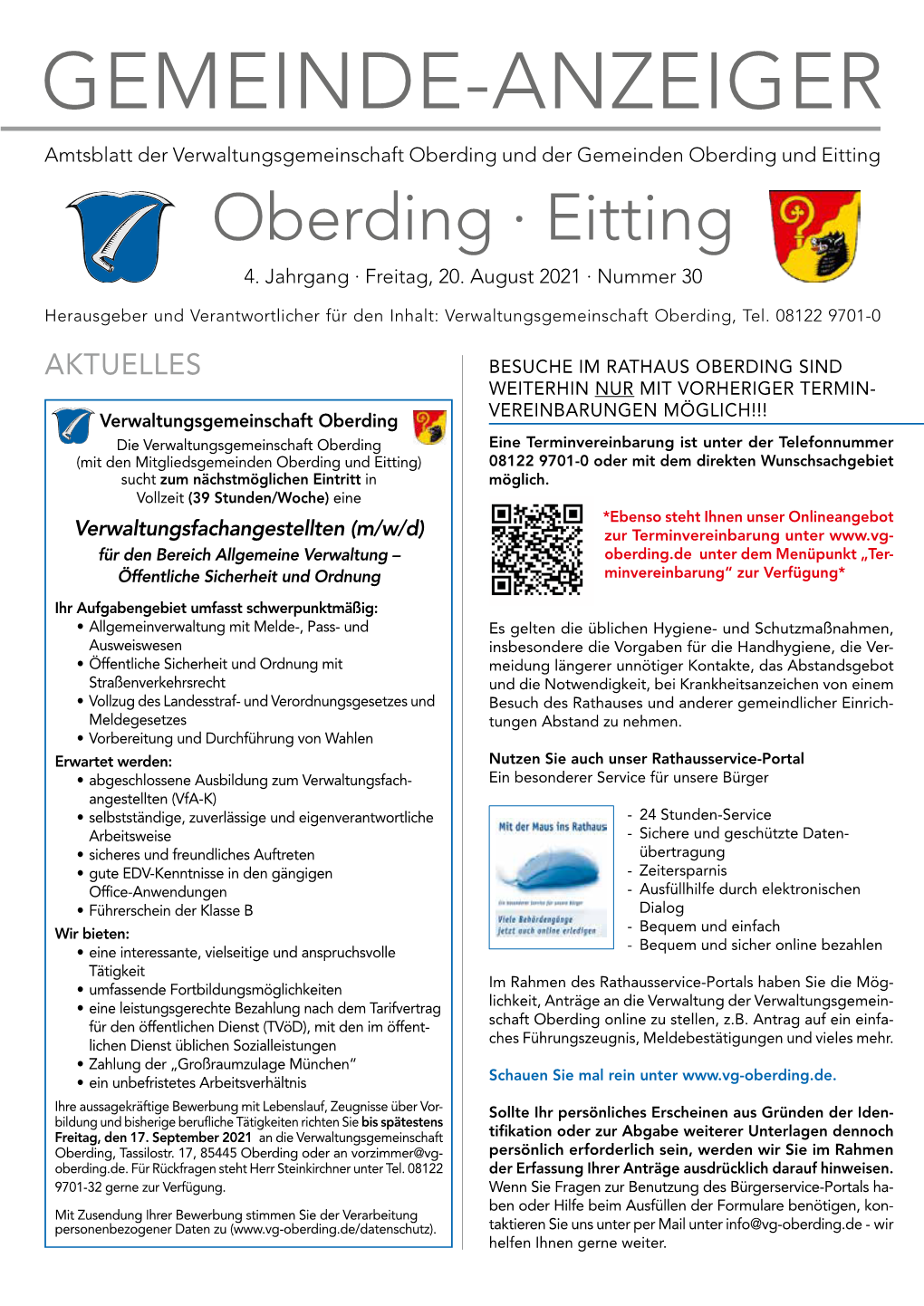 GEMEINDE-ANZEIGER Amtsblatt Der Verwaltungsgemeinschaft Oberding Und Der Gemeinden Oberding Und Eitting Oberding · Eitting 4