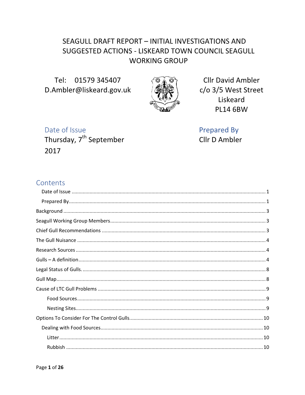Seagull Draft Report – Initial Investigations and Suggested Actions - Liskeard Town Council Seagull Working Group
