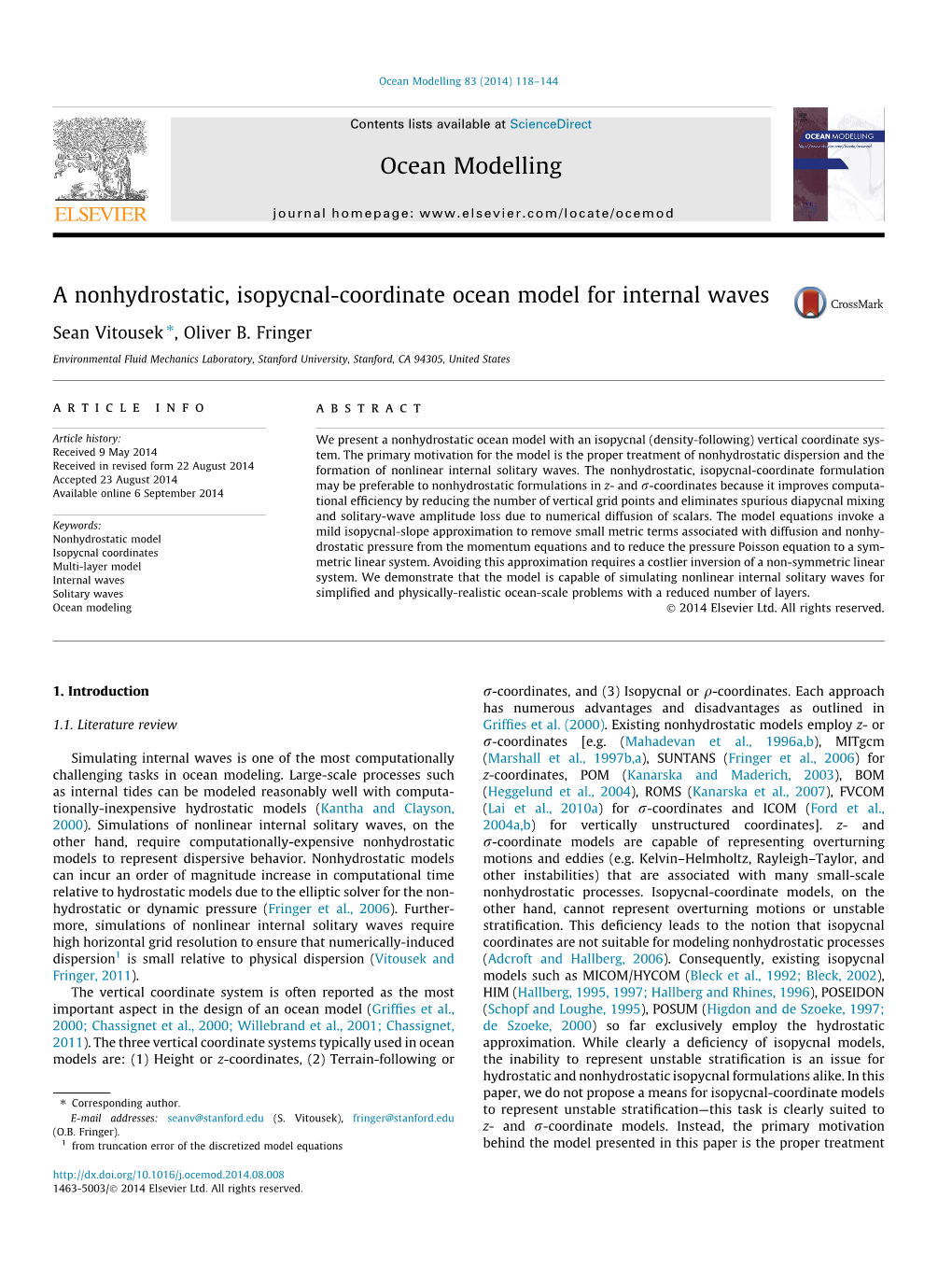 A Nonhydrostatic, Isopycnal-Coordinate Ocean Model for Internal Waves ⇑ Sean Vitousek , Oliver B