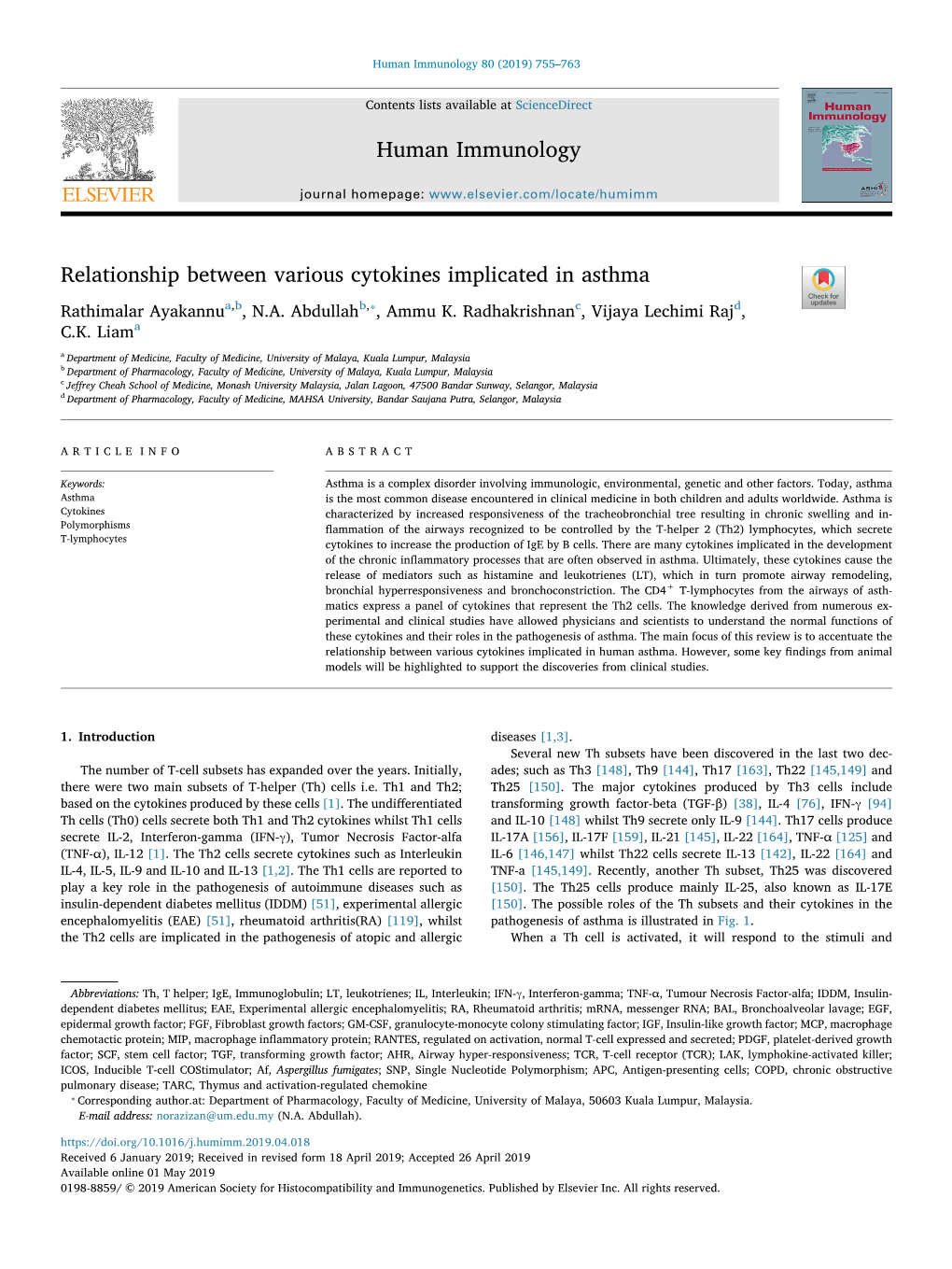 Relationship Between Various Cytokines Implicated in Asthma T ⁎ Rathimalar Ayakannua,B, N.A