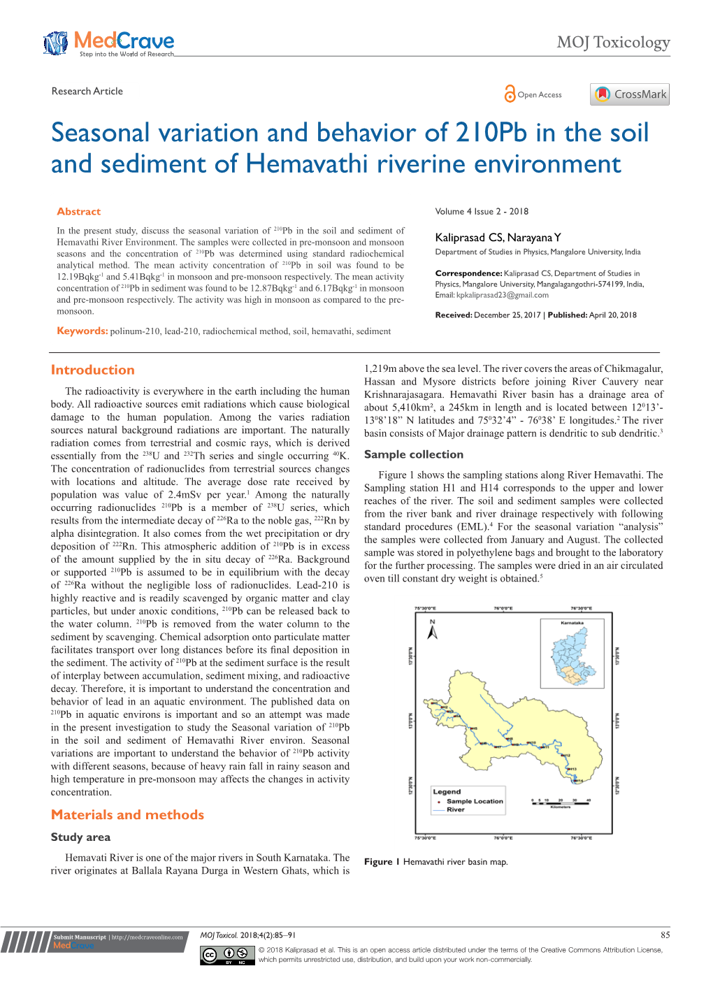 Seasonal Variation and Behavior of 210Pb in the Soil and Sediment of Hemavathi Riverine Environment