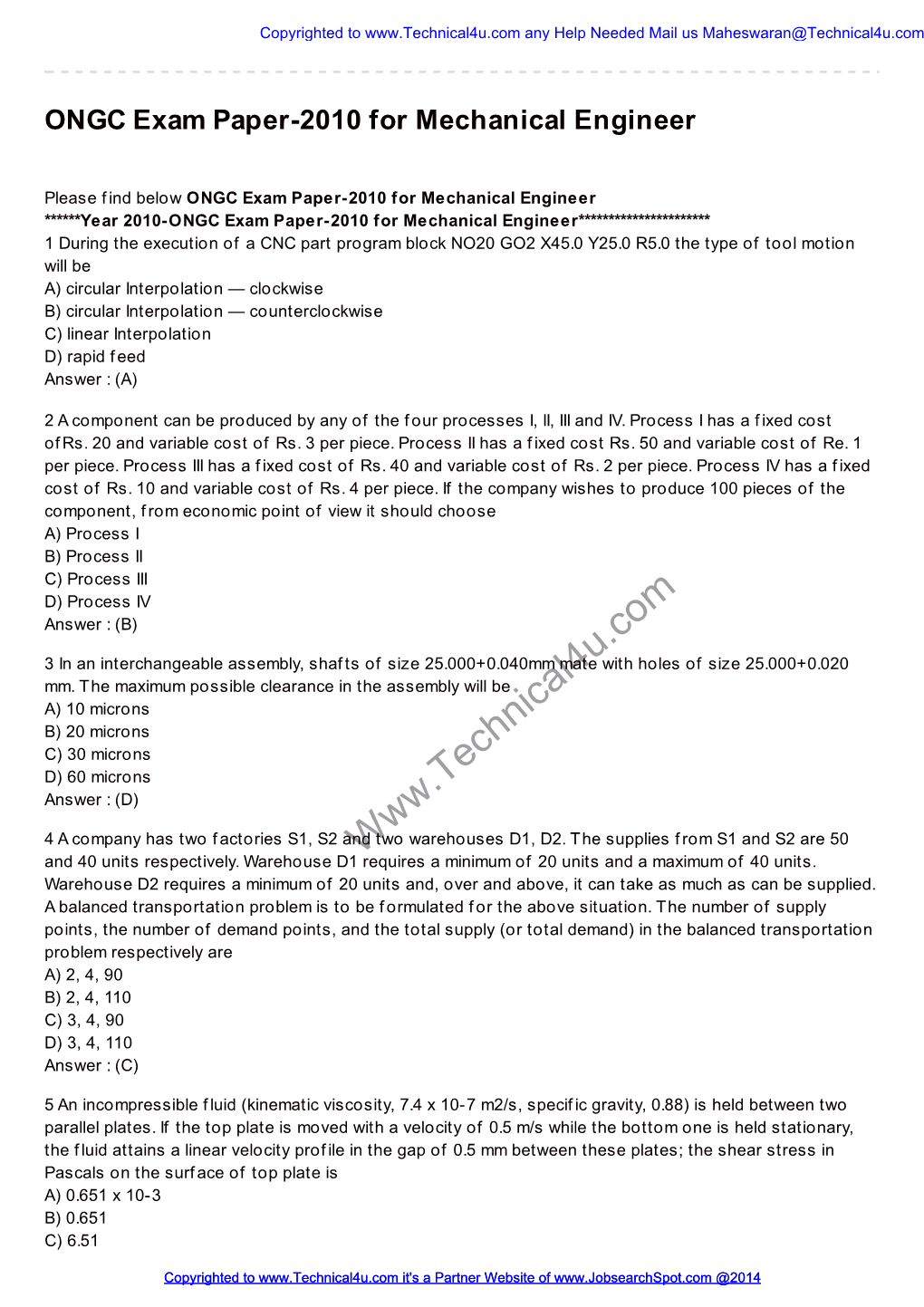 ONGC Exam Paper-2010 for Mechanical Engineer