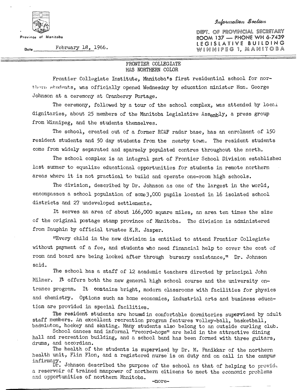 February 18, 1966. FRONTIER COURGIATE HAS NORTHERN COLOR Frontier Collegiate Institute, Manitoba's First Residential School