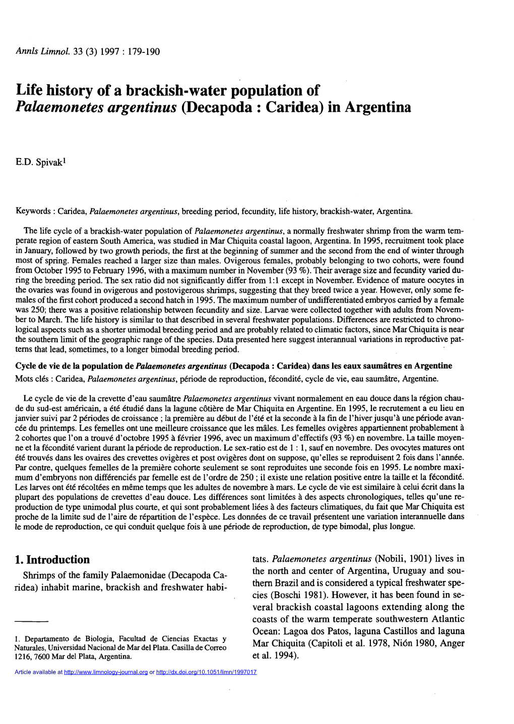 Life History of a Brackish-Water Population of Palaemonetes Argentinus (Decapoda : Caridea) in Argentina