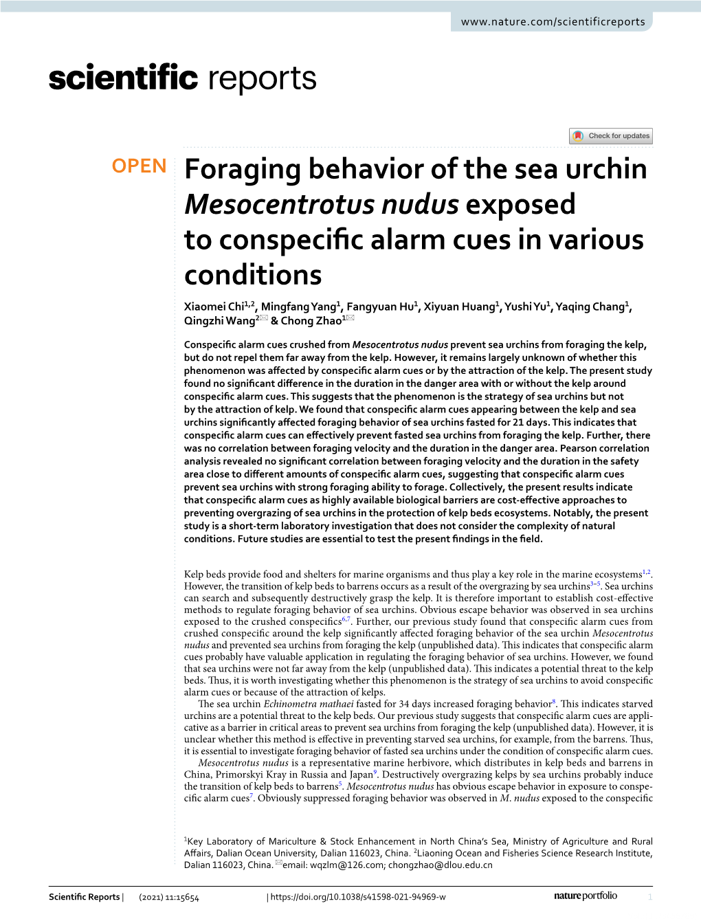 Foraging Behavior of the Sea Urchin Mesocentrotus Nudus Exposed To