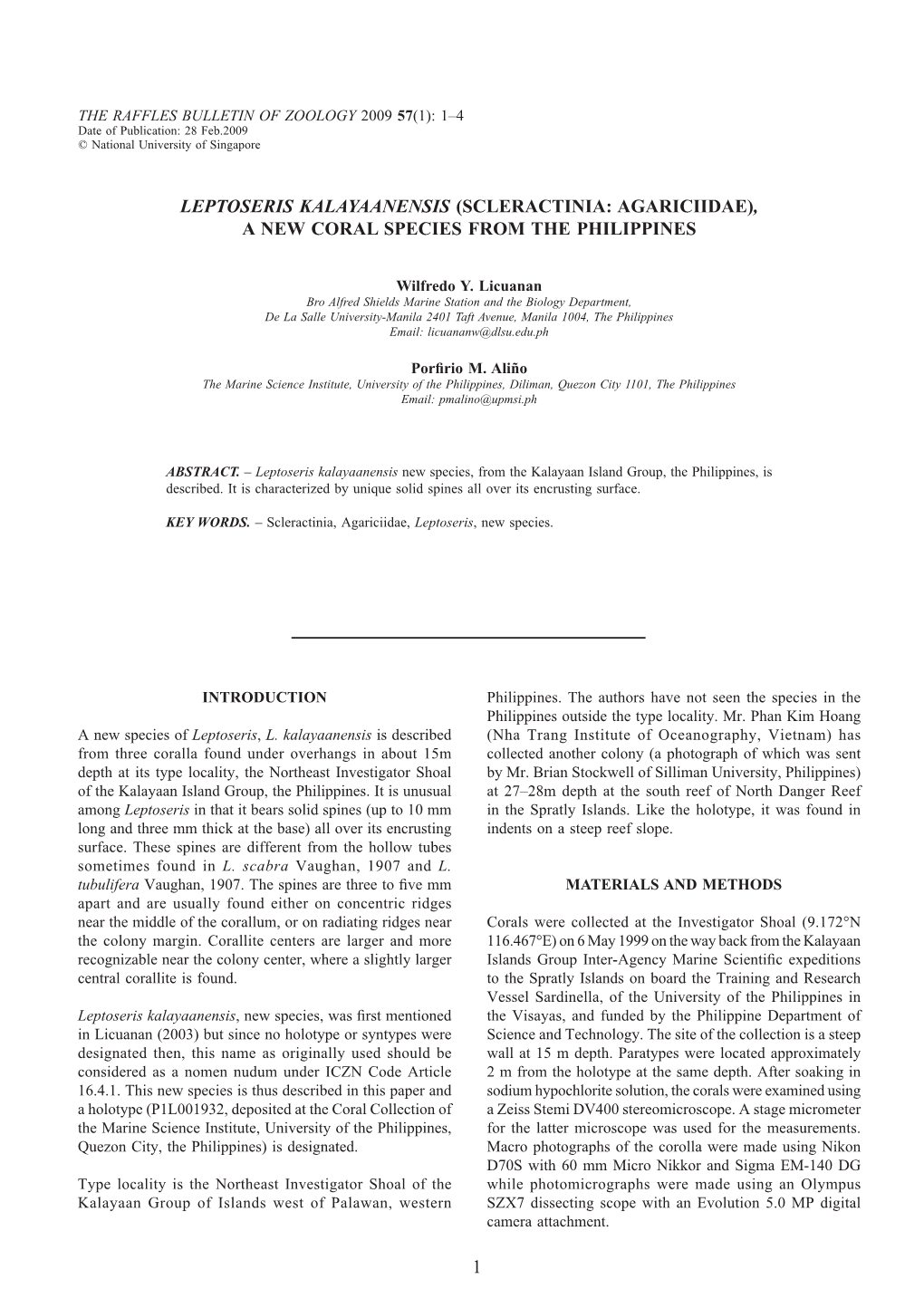 1 Leptoseris Kalayaanensis (Scleractinia: Agariciidae), A