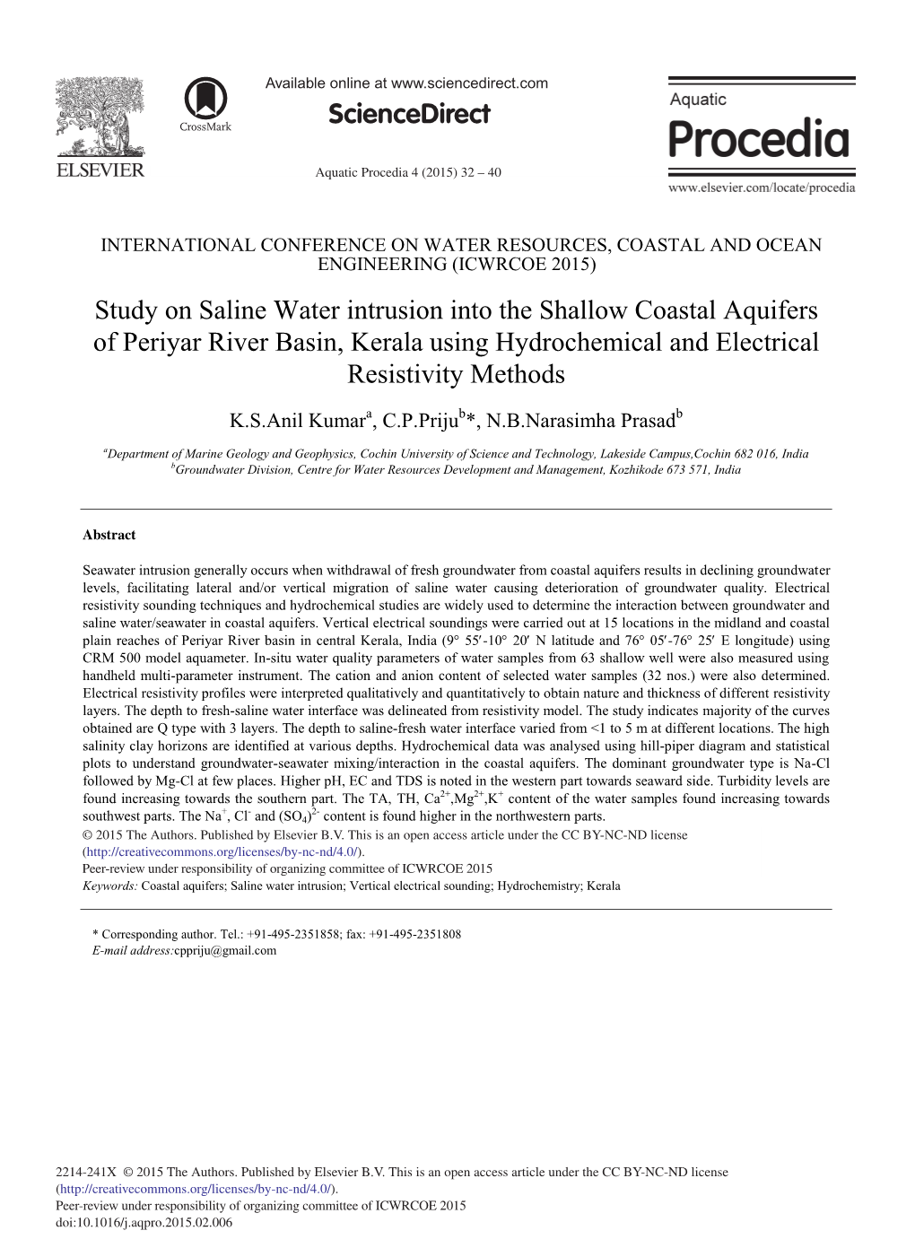 Study on Saline Water Intrusion Into the Shallow Coastal Aquifers of Periyar River Basin, Kerala Using Hydrochemical and Electrical Resistivity Methods