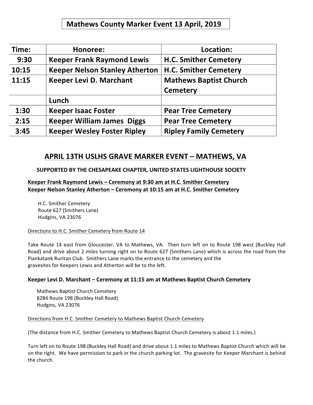 Mathews County Marker Event 13 April 2019