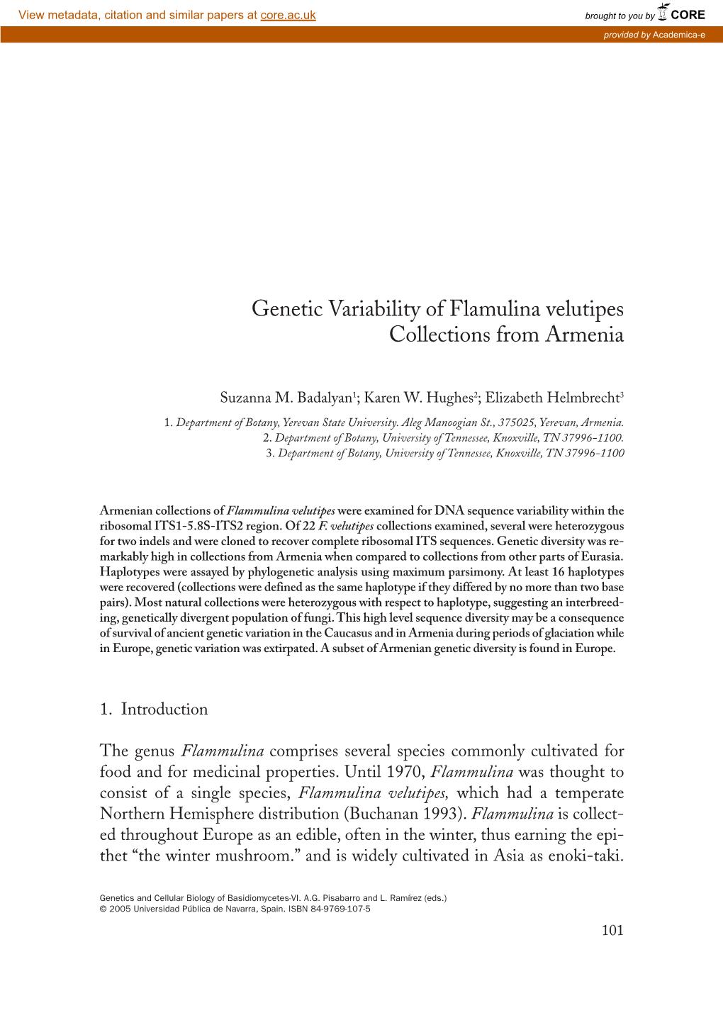 Genetic Variability of Flamulina Velutipes Collections from Armenia