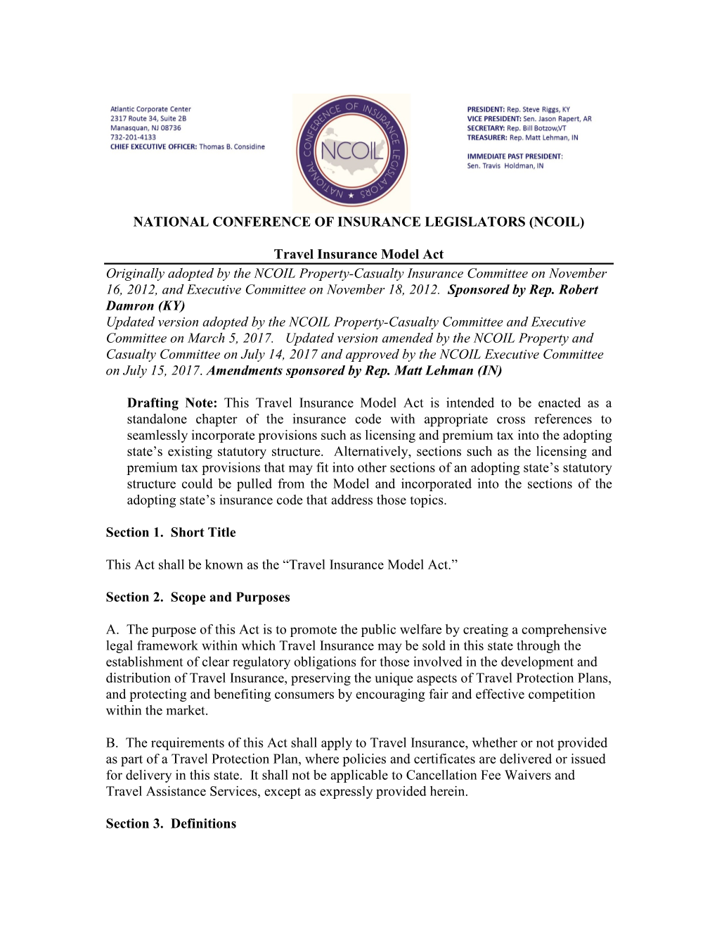 Travel Insurance Model Act Originally Adopted by the NCOIL Property-Casualty Insurance Committee on November 16, 2012, and Executive Committee on November 18, 2012