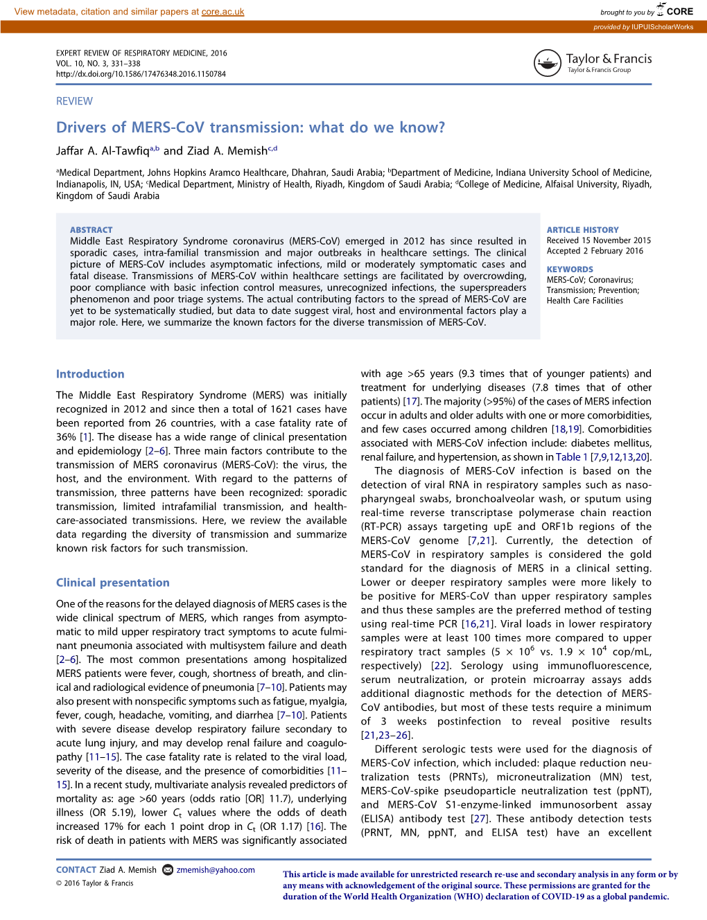 Drivers of MERS-Cov Transmission: What Do We Know?