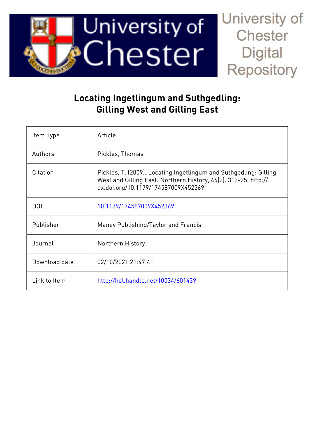 1 Locating Ingetlingum and Suthgedling: Gilling West and Gilling East Thomas Pickl