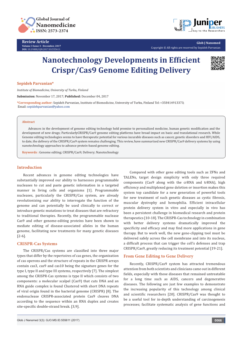 Nanotechnology Developments in Efficient Crispr/Cas9 Genome Editing Delivery