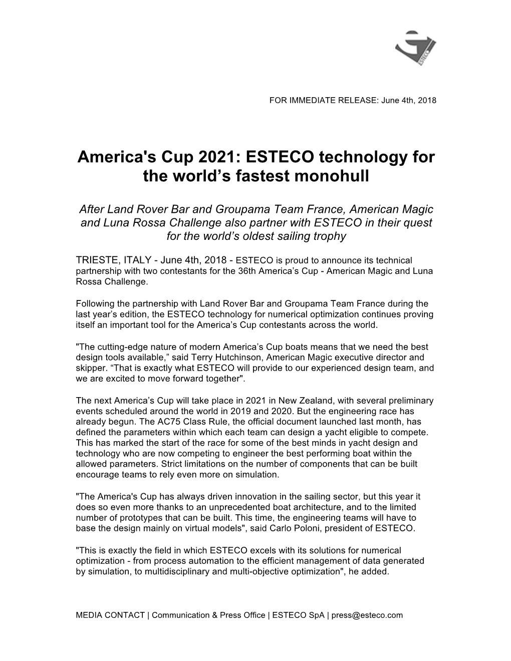 America's Cup 2021: ESTECO Technology for the World’S Fastest Monohull