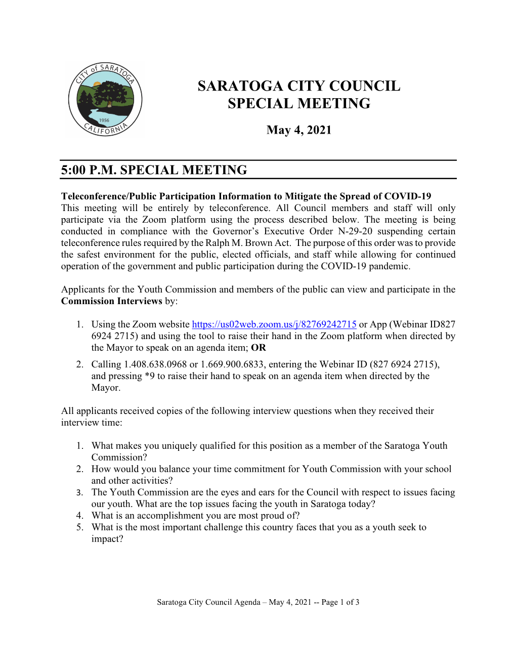 Saratoga City Council Special Meeting