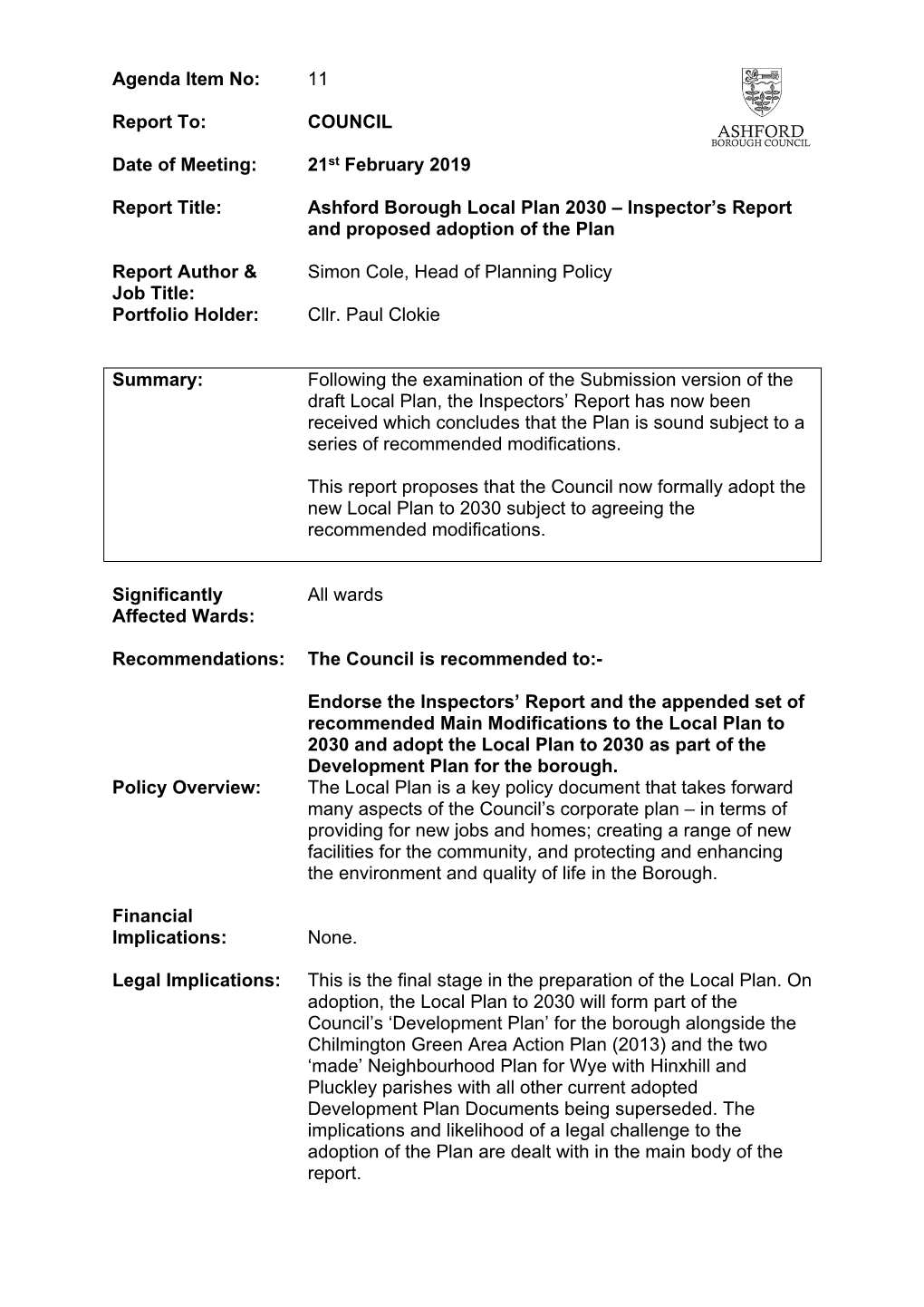 Ashford Borough Local Plan 2030 – Inspectors' Report and Proposed