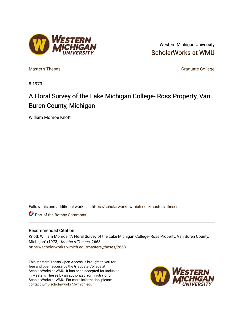 A Floral Survey of the Lake Michigan College- Ross Property, Van Buren County, Michigan