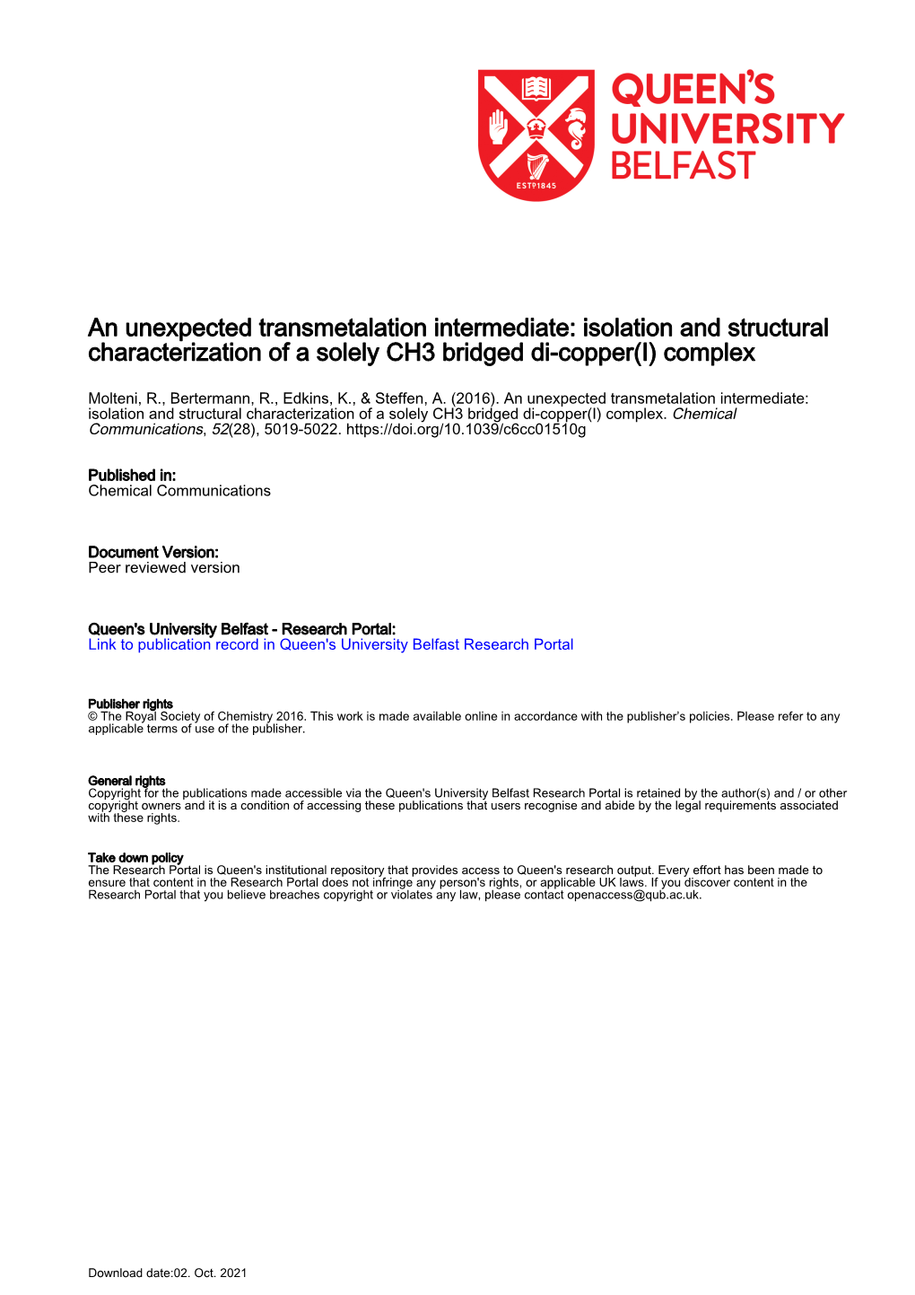 An Unexpected Transmetalation Intermediate: Isolation and Structural Characterization of a Solely CH3 Bridged Di-Copper(I) Complex