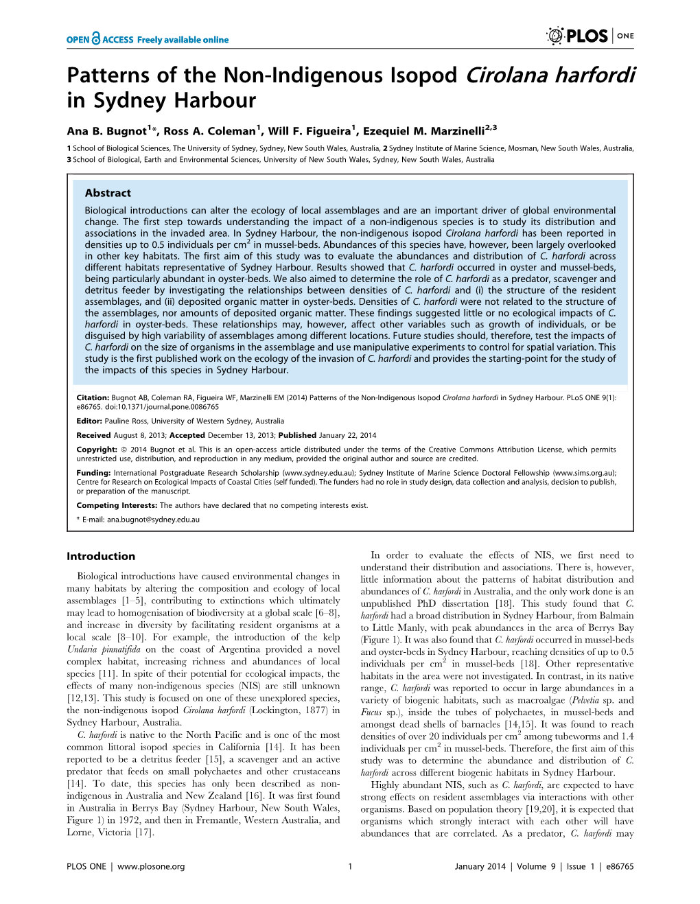 Patterns of the Non-Indigenous Isopod Cirolana Harfordi in Sydney Harbour