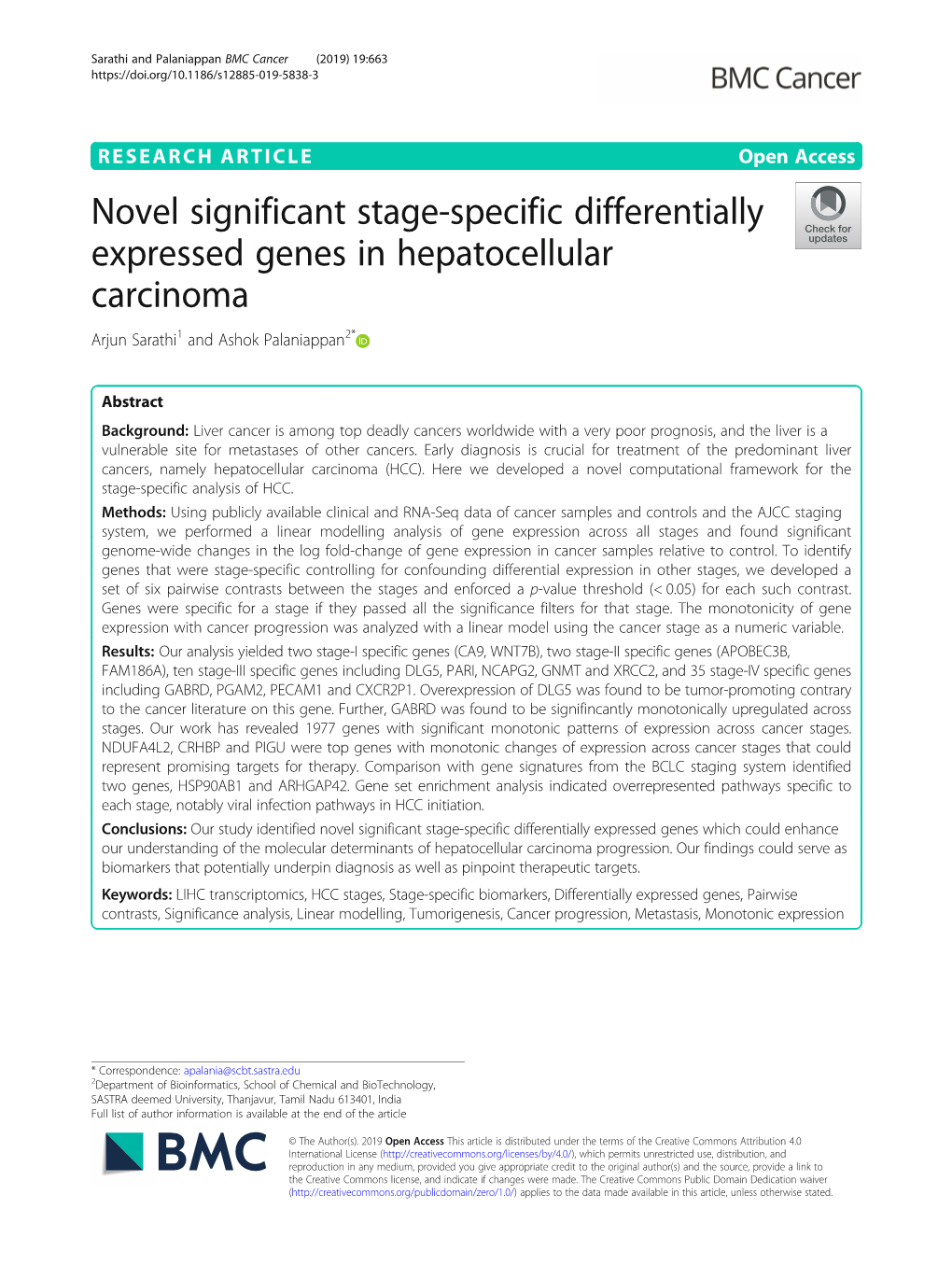 Novel Significant Stage-Specific Differentially Expressed Genes in Hepatocellular Carcinoma Arjun Sarathi1 and Ashok Palaniappan2*