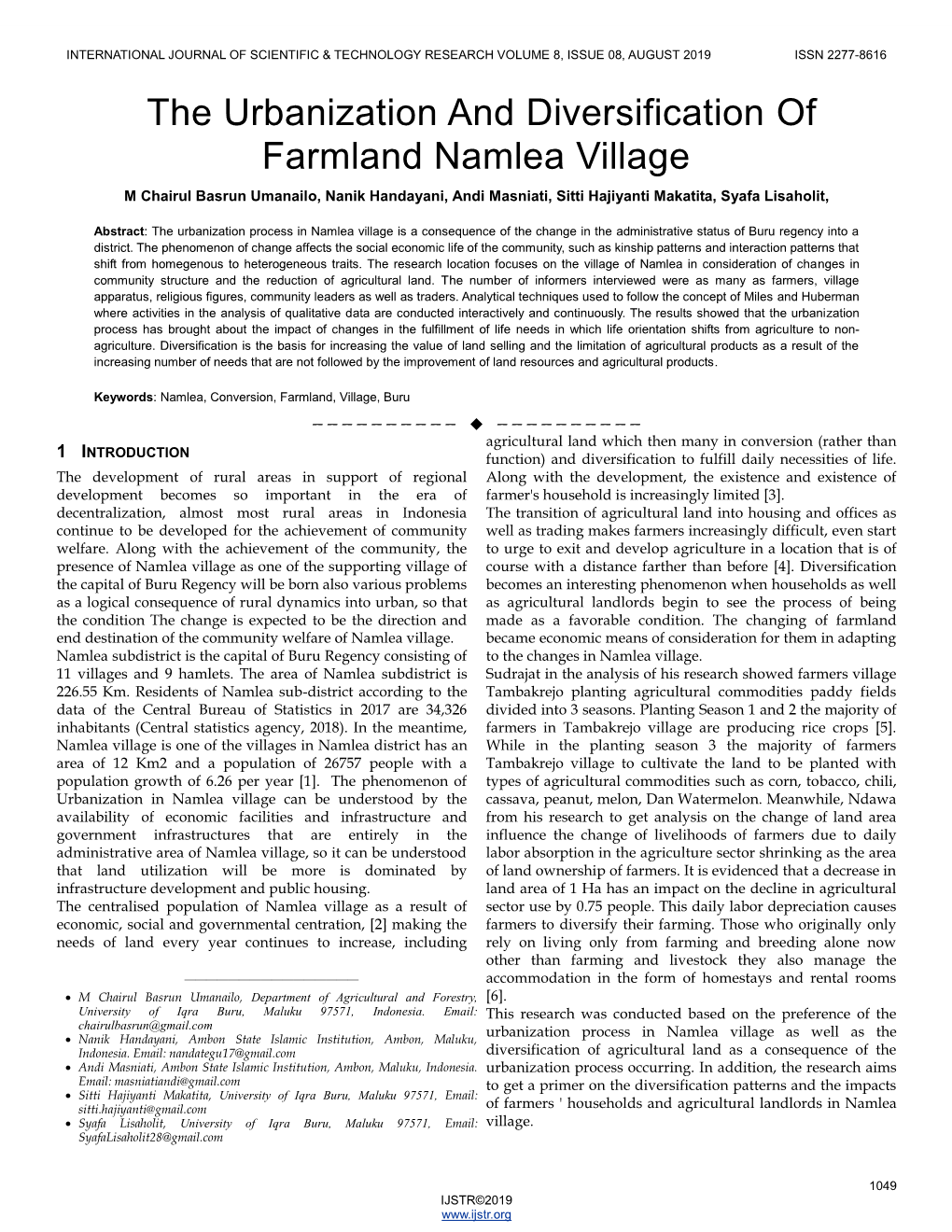 The Urbanization and Diversification of Farmland Namlea Village M Chairul Basrun Umanailo, Nanik Handayani, Andi Masniati, Sitti Hajiyanti Makatita, Syafa Lisaholit