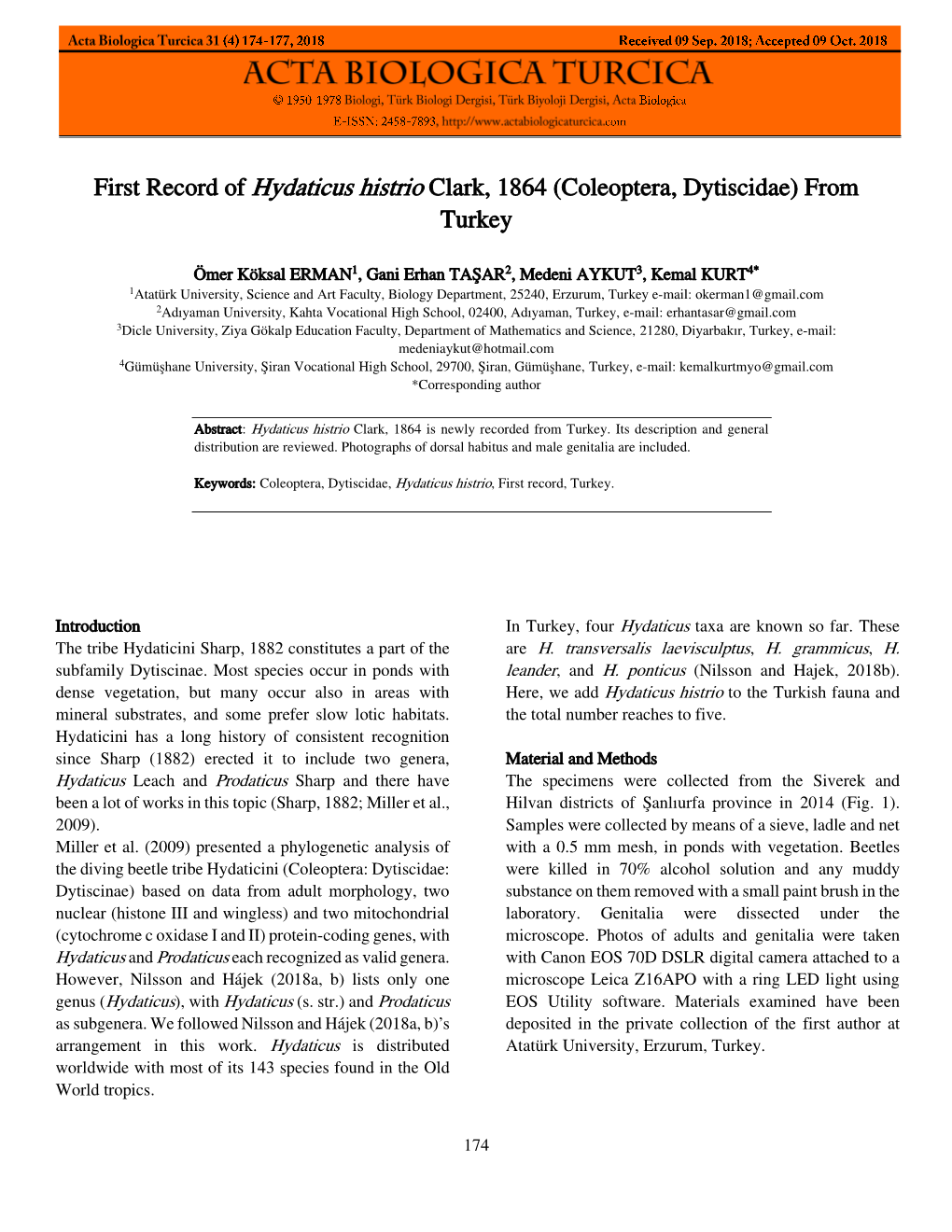 First Record of Hydaticus Histrio Clark, 1864 (Coleoptera, Dytiscidae) from Turkey