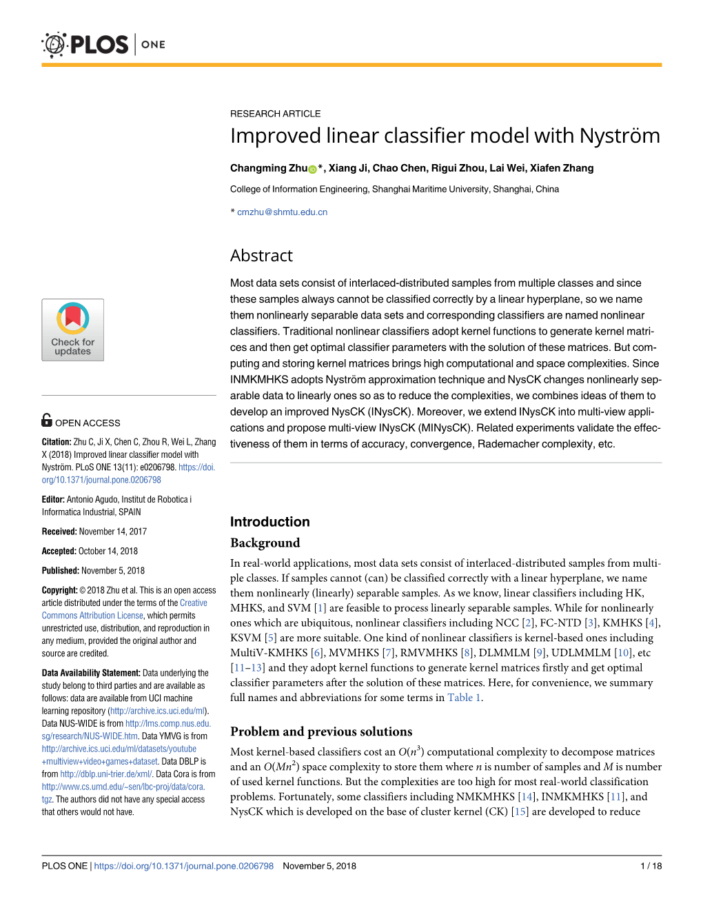 Improved Linear Classifier Model with Nystrжm