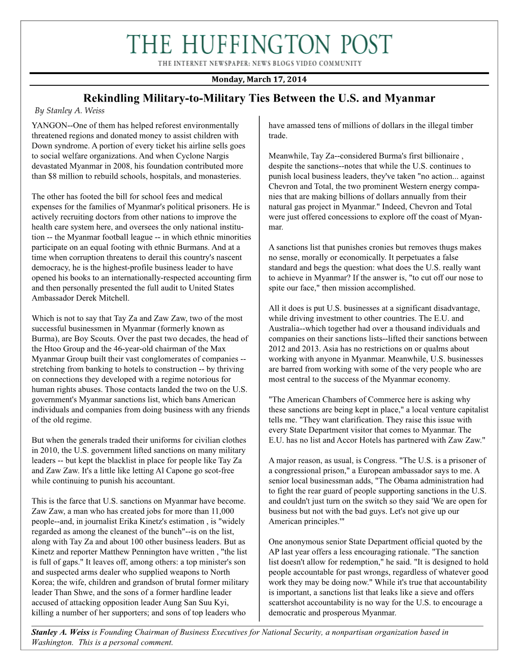 Rekindling Military-To-Military Ties Between the U.S. and Myanmar by Stanley A