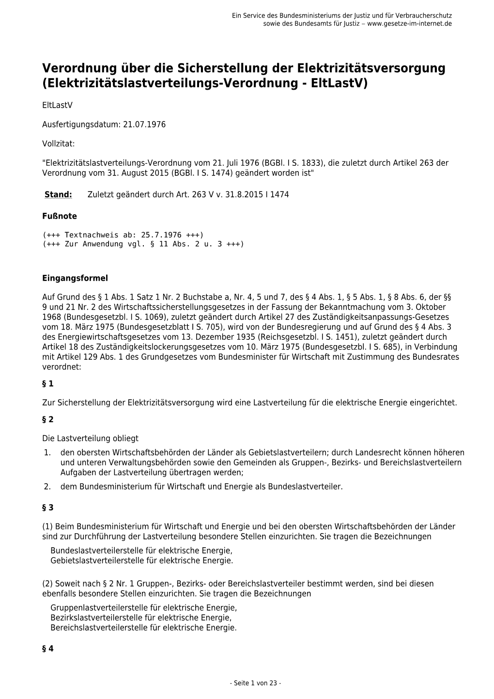 Verordnung Über Die Sicherstellung Der Elektrizitätsversorgung (Elektrizitätslastverteilungs-Verordnung - Eltlastv)