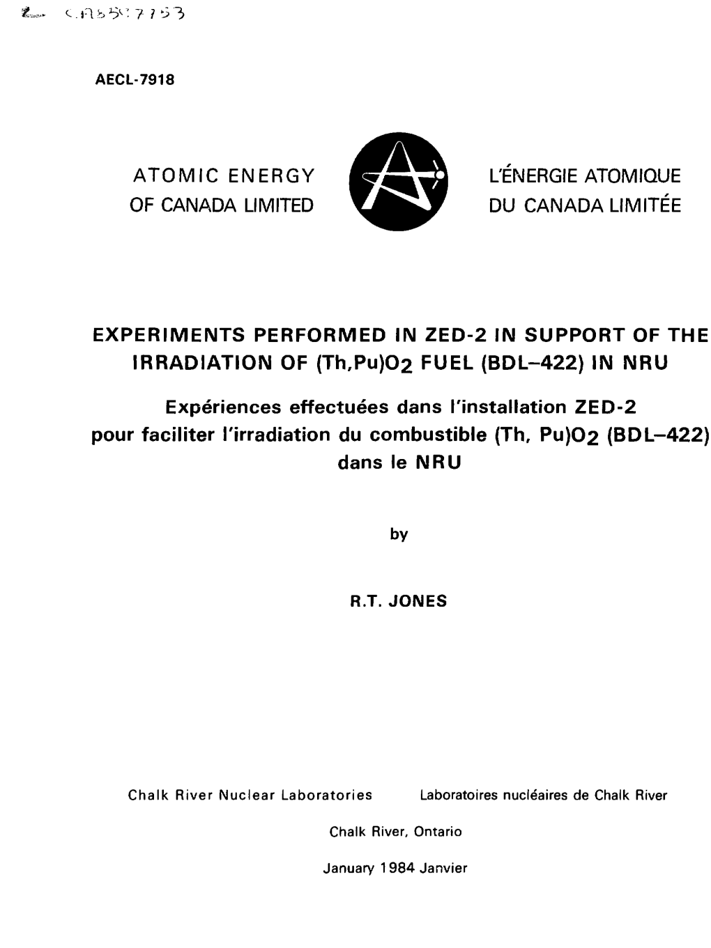 Atomic Energy ^ £ 5 3 L'energie Atomique of Canada Limited W^^W Du Canada Limitee Experiments Performed in Zed-2 in Support Of