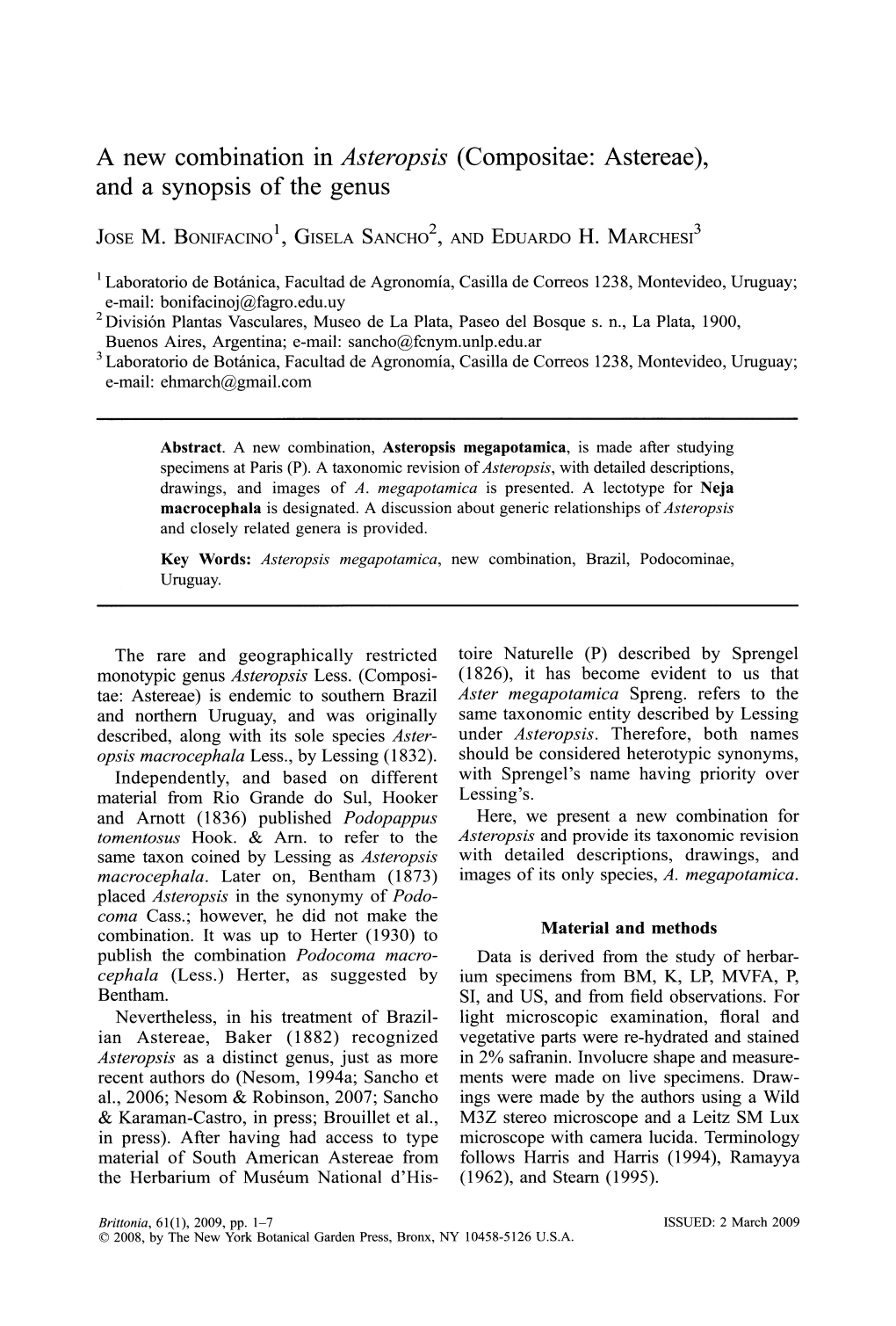 A New Combination in Asteropsis (Compositae: Astereae), and a Synopsis of the Genus