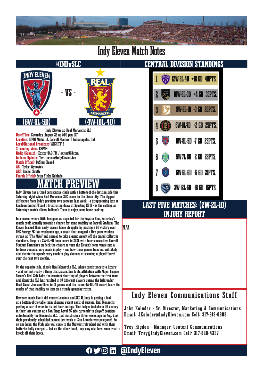 Indy Eleven Match Notes #Indvslc CENTRAL DIVISION STANDINGS