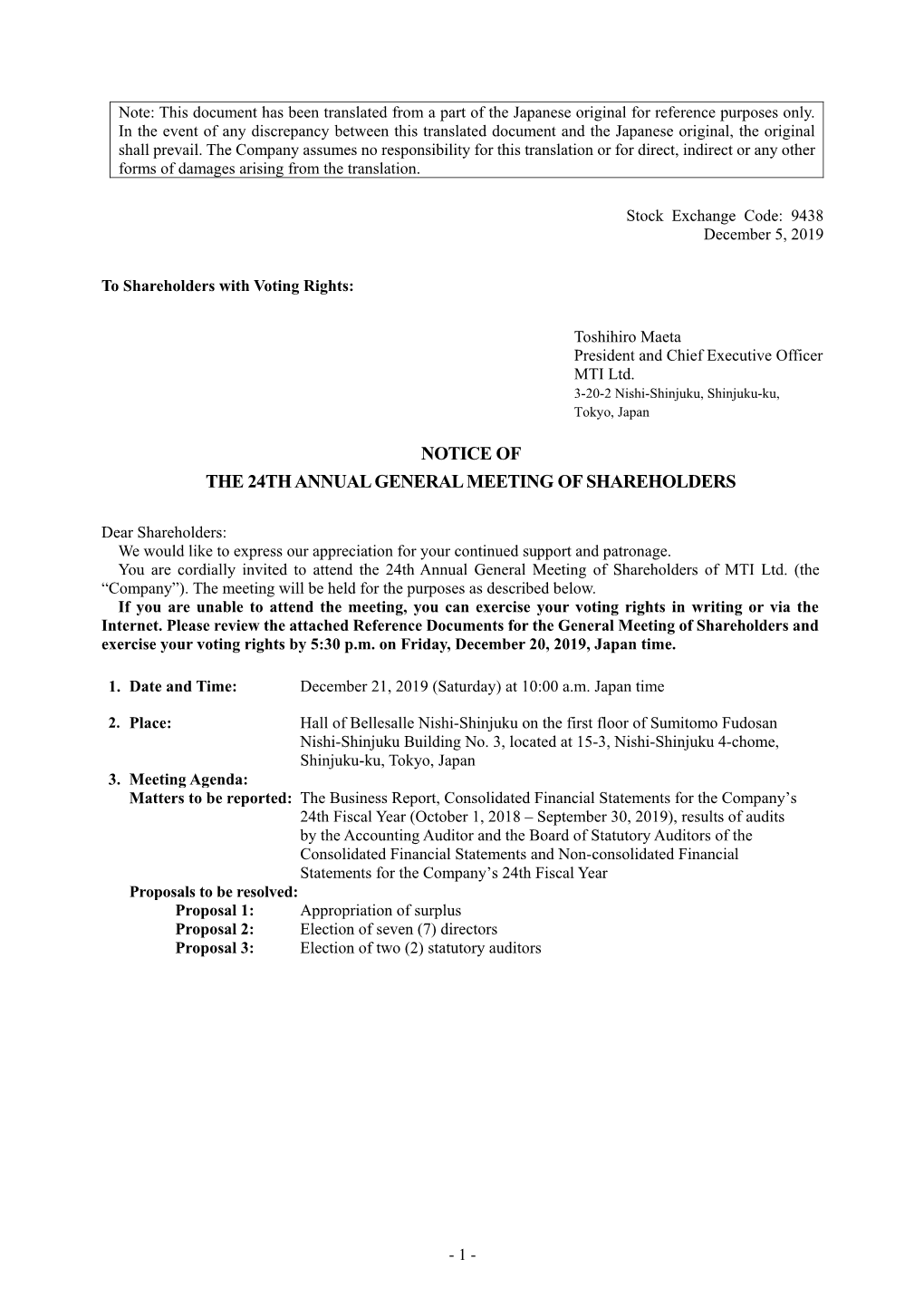 Notice of the 24Th Annual General Meeting of Shareholders