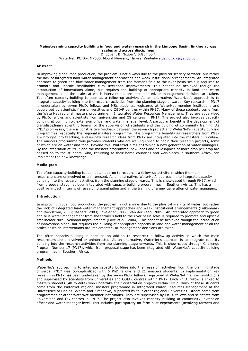 Mainstreaming Capacity Building in Food and Water Research in the Limpopo Basin: Linking Across Scales and Across Disciplines D