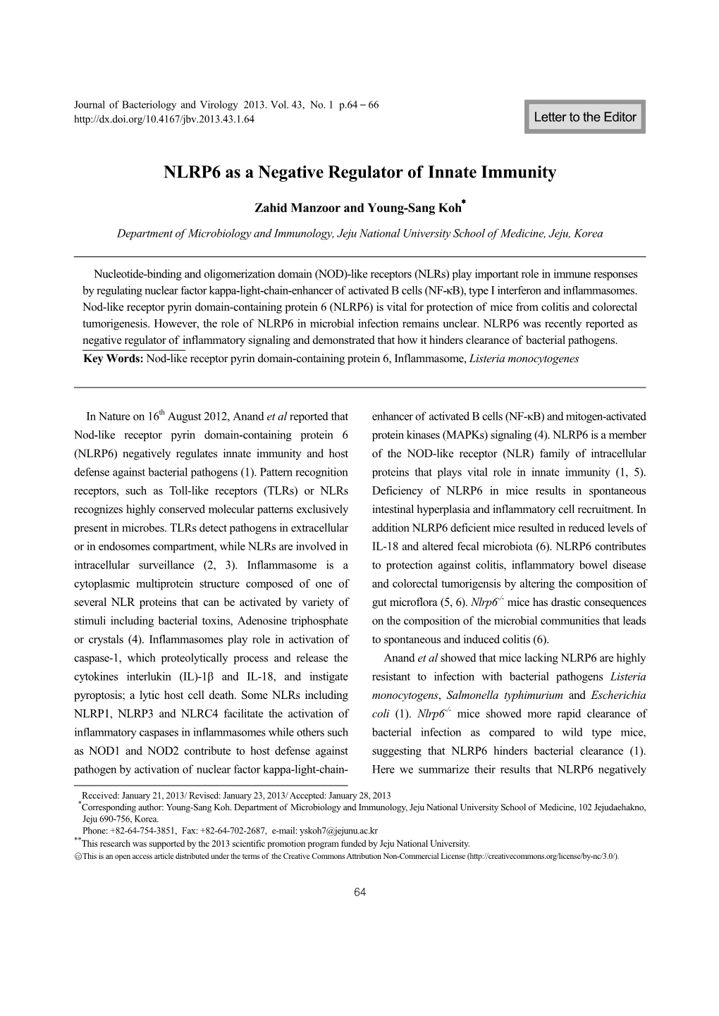 NLRP6 As a Negative Regulator of Innate Immunity