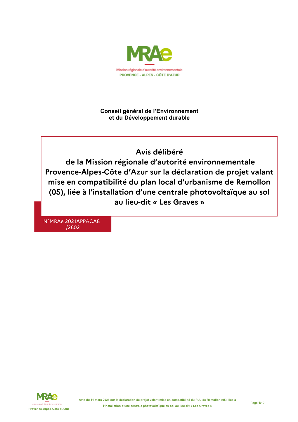 Avis Délibéré De La Mission Régionale D'autorité Environnementale