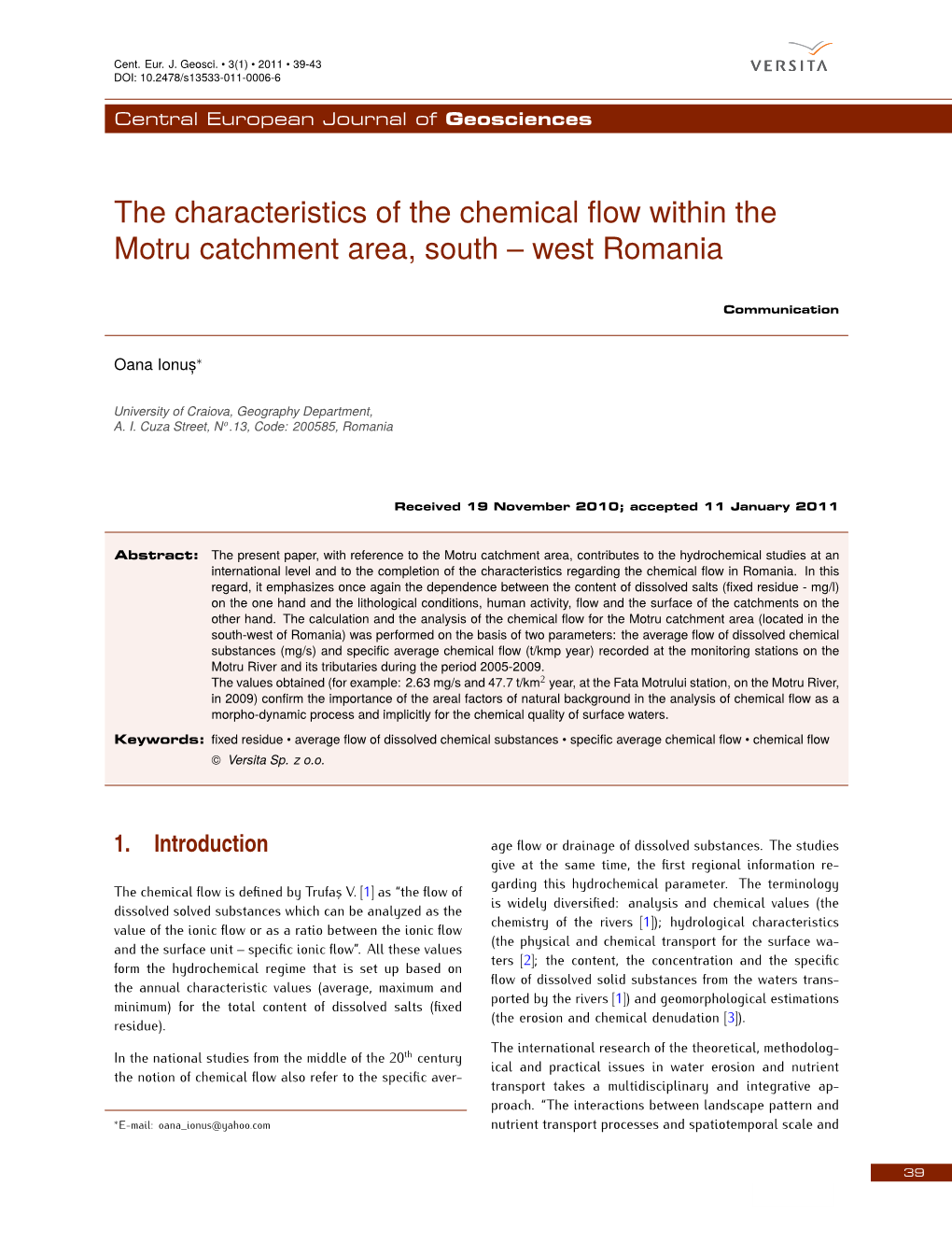 The Characteristics of the Chemical Flow Within the Motru