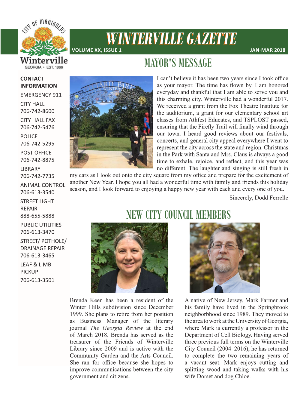 Winterville Gazette Volume Xx, Issue 1 Jan-Mar 2018 Mayor's Message