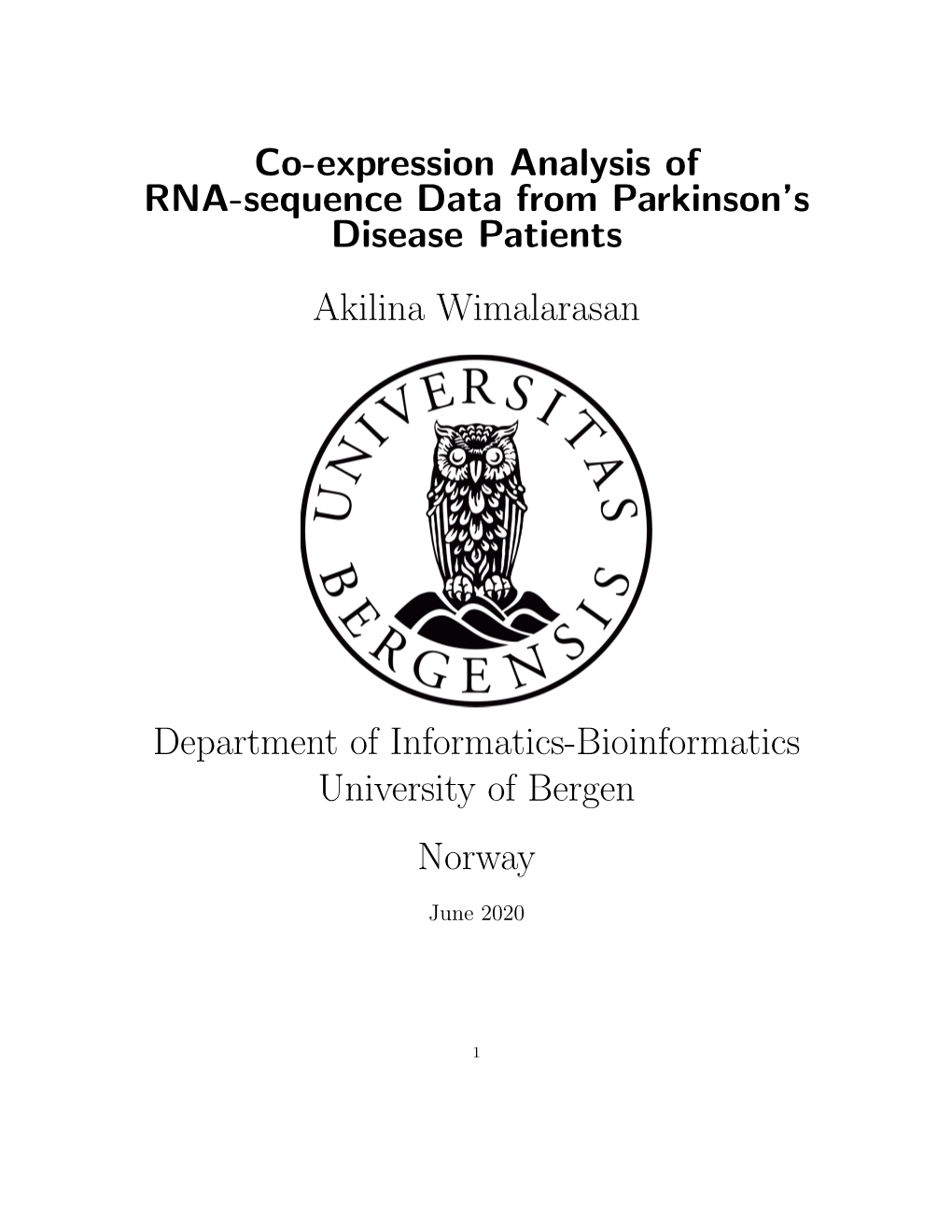 Co-Expression Analysis of RNA-Sequence Data from Parkinson’S Disease Patients Akilina Wimalarasan