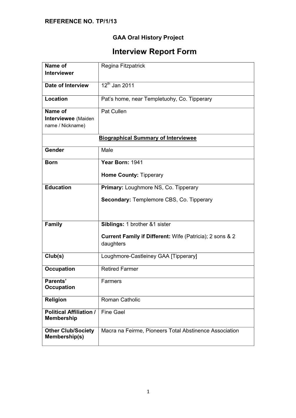 GAA Oral History Project Interview Report Form