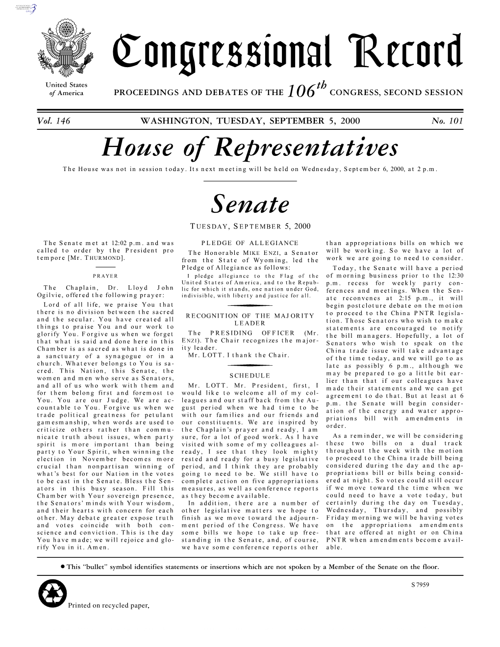 Congressional Record United States Th of America PROCEEDINGS and DEBATES of the 106 CONGRESS, SECOND SESSION