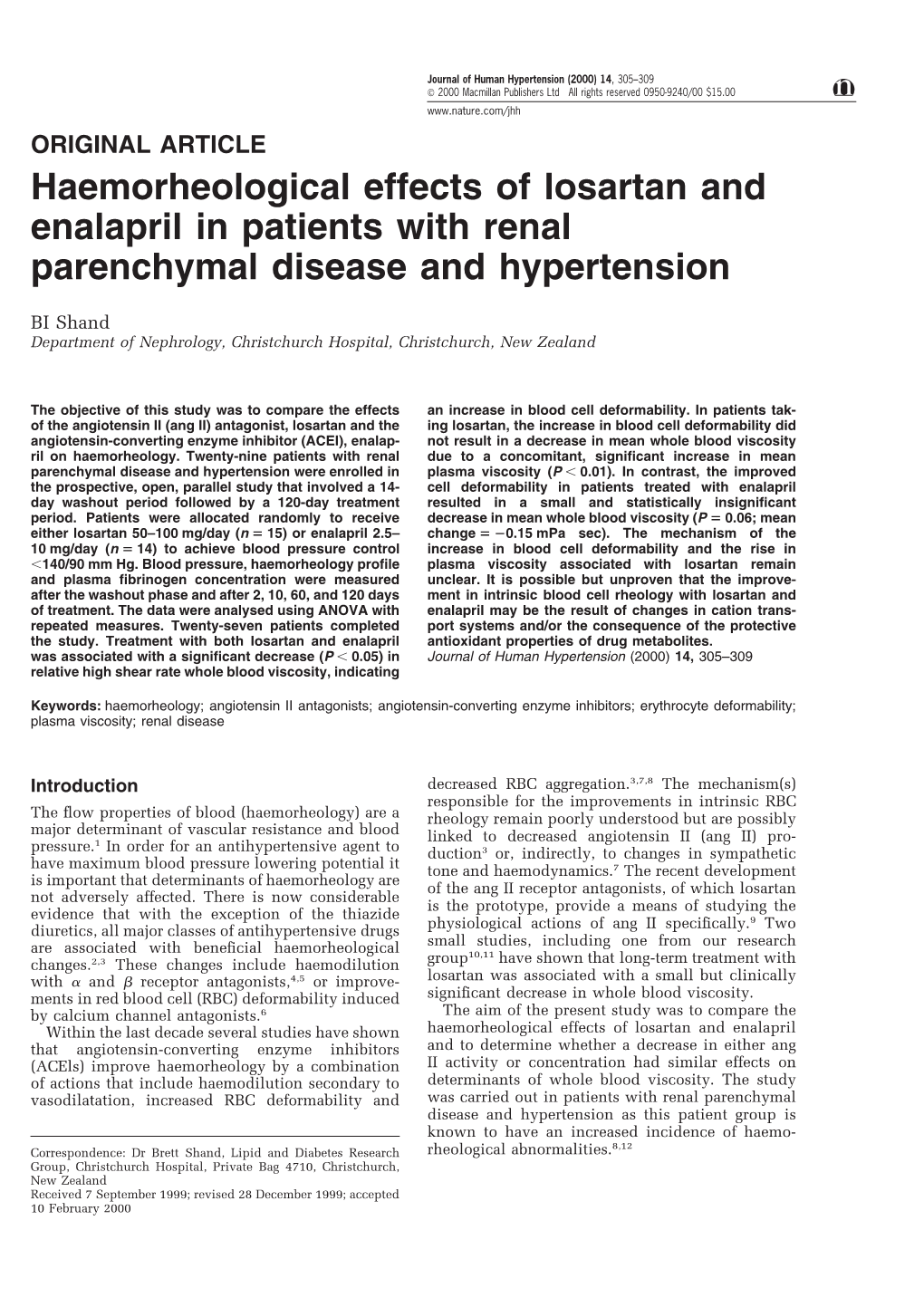 Haemorheological Effects of Losartan and Enalapril in Patients with Renal Parenchymal Disease and Hypertension