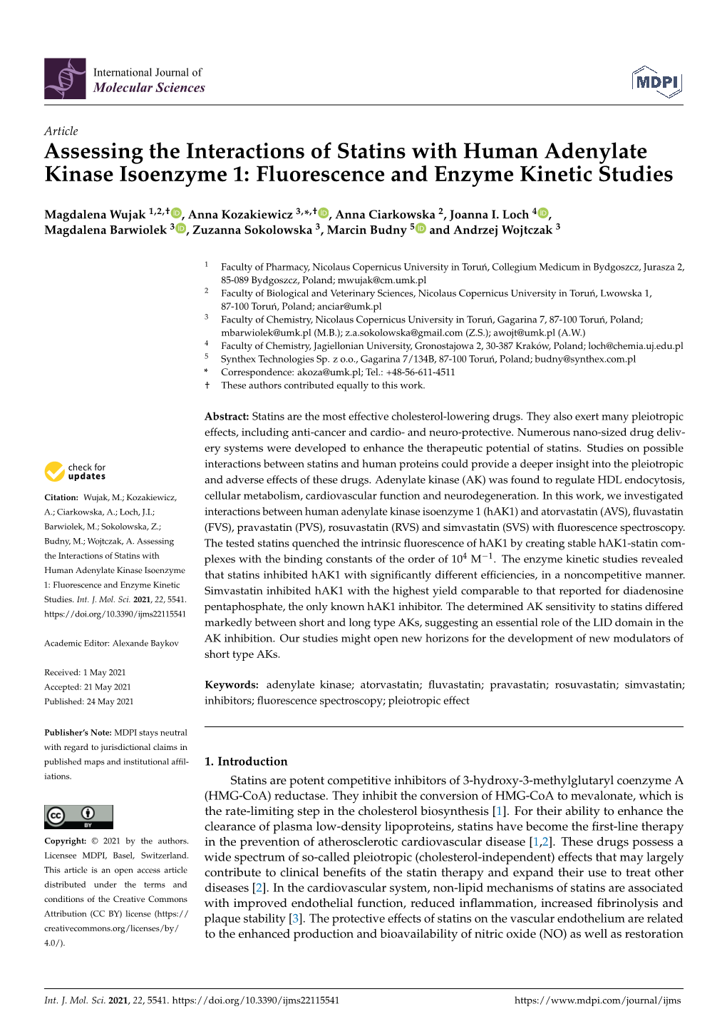 Assessing the Interactions of Statins with Human Adenylate Kinase Isoenzyme 1: Fluorescence and Enzyme Kinetic Studies