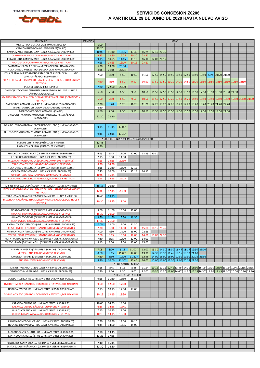 Servicios Concesión Z0206 a Partir Del 29 De Junio De 2020 Hasta Nuevo Aviso