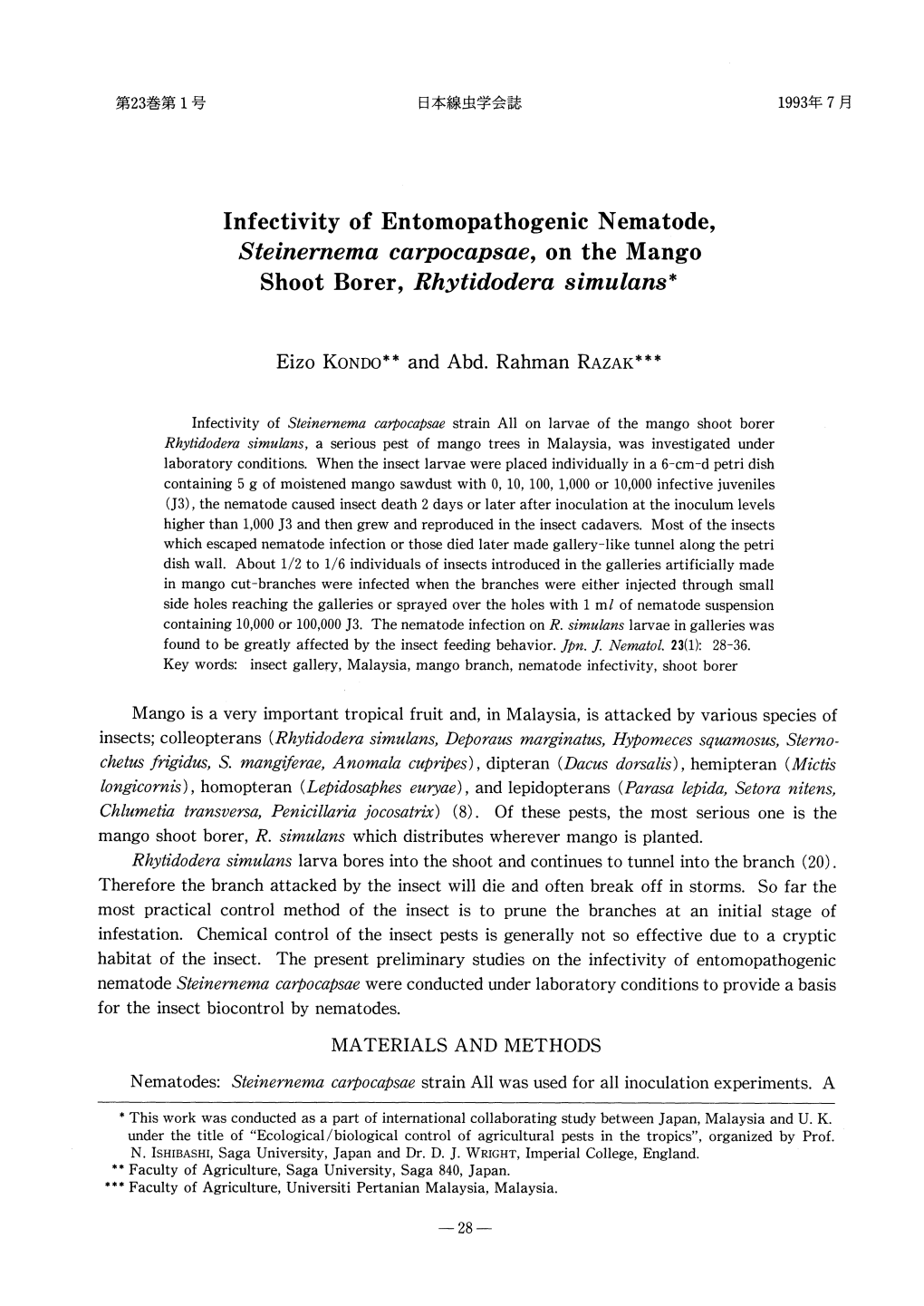 Infectivity of Entomopathogenic Nematode, Steinernema Carpocapsae, on the Mango Shoot Borer, Rhytidodera Simulans*