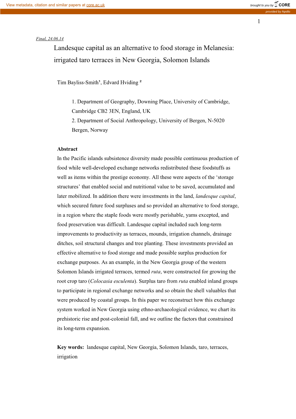 Landesque Capital As an Alternative to Food Storage in Melanesia: Irrigated Taro Terraces in New Georgia, Solomon Islands