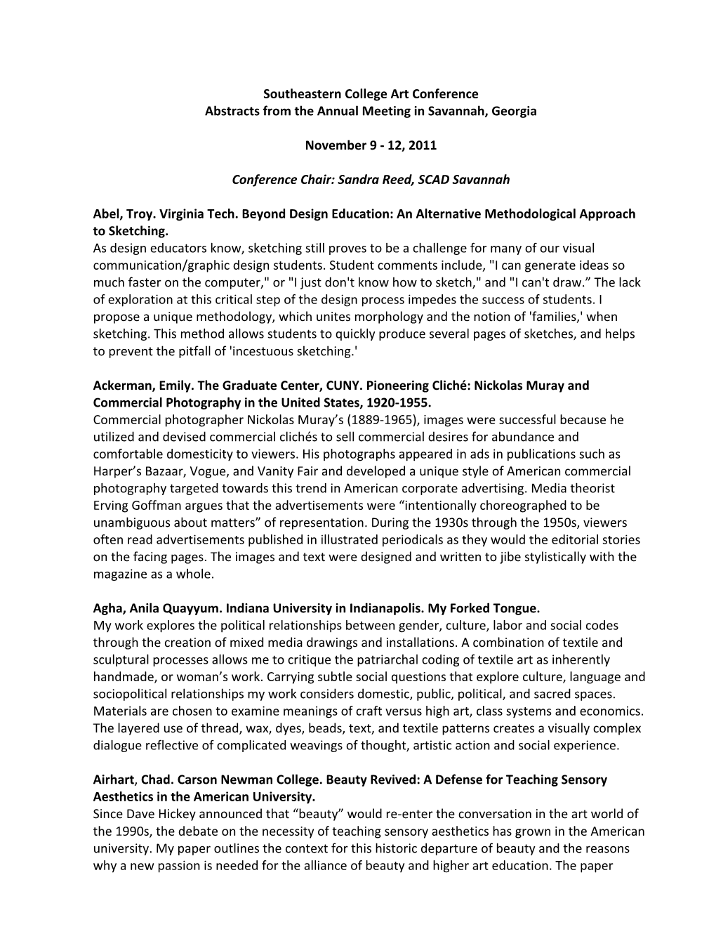 Southeastern College Art Conference Abstracts from the Annual Meeting in Savannah, Georgia