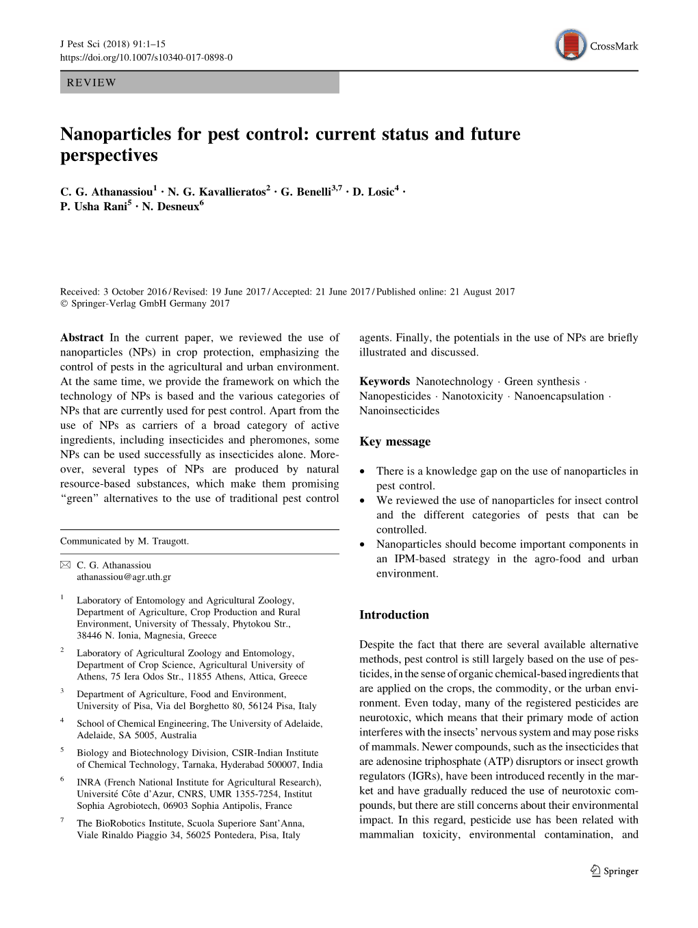 Nanoparticles for Pest Control: Current Status and Future Perspectives