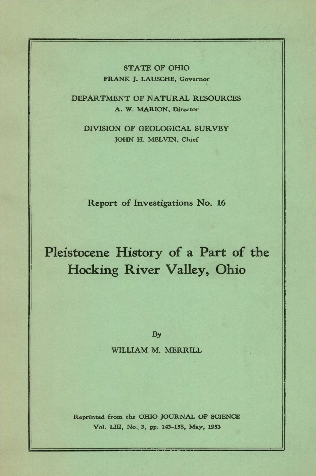 Pleistocene History of a Part of the Hocking River Valley, Ohio