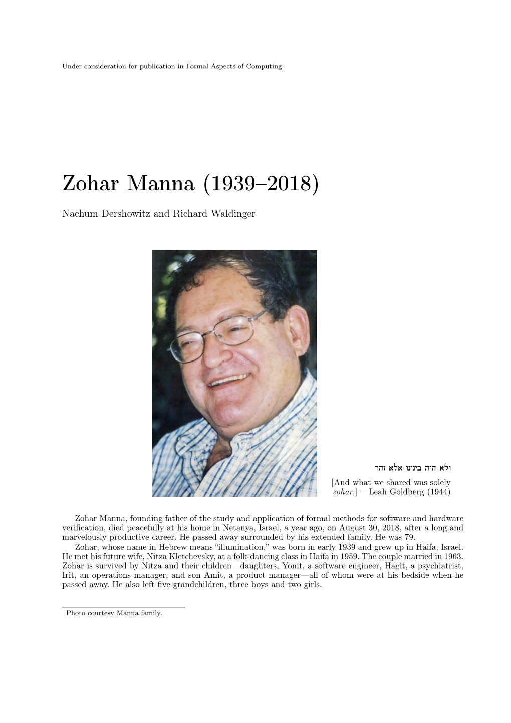 Zohar Manna (1939–2018)